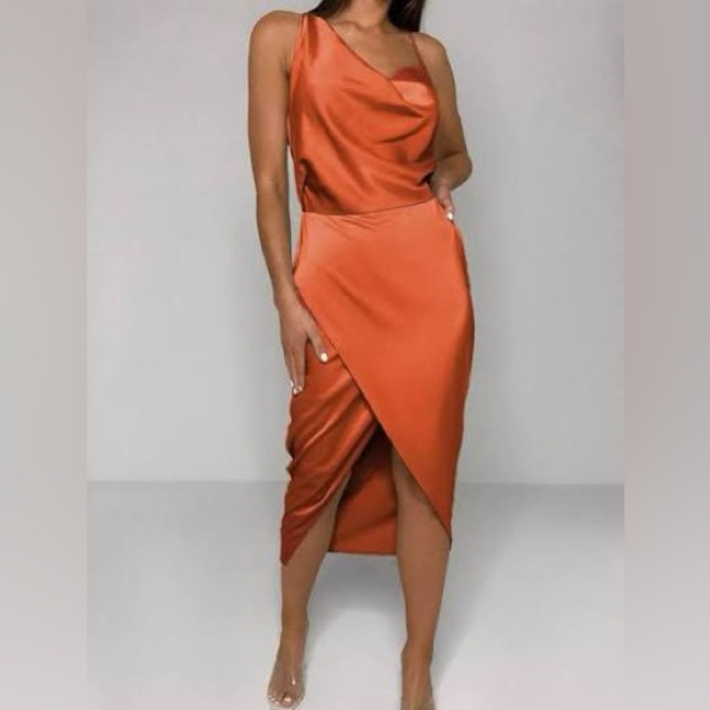 Rust Satin Drape Midi Dress
